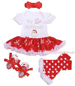 My 1ST Xmas Santa Bodysuit Girls Snowflakes Baby Dress Shoes Leg Warmer NB-18M - Picture 1 of 1