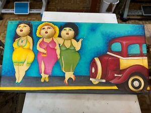 Vintage Mexican Painting Relief Fat Women Joyce Roybal Botero Style - Picture 1 of 5