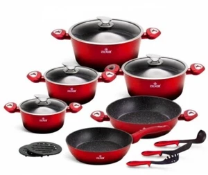 ZILNER 15-Teiliges Antihaftbeschichtet Kochtopfset Topfset Geshirrset Cherry Red - Bild 1 von 10