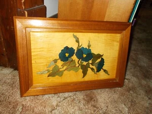 Wooden Inlay Marquetry Flowered Framed Picture/Handmade/ 14” X 9” - Picture 1 of 4