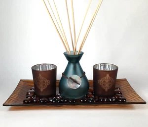 Reed Diffuser Set with Votive Candle Holders stones glass tray aromatherapy zen - Picture 1 of 8
