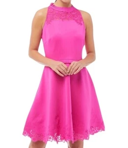 Ted Baker Zaffron Embroidered Skater Dress US Sz 6 Fuchsia Pink Ruffle Fit Flare - Picture 1 of 18