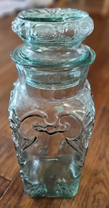 Vintage Ornate Embossed Glass Canister/Jar with Glass Lid 14" Green Glass - Picture 1 of 17