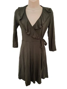 MISS SELFRIDGE UK 8 DARK KHAKI 3/4 SLEEVE RUFFLED FIT & FLARE SHORT WRAP DRESS - Picture 1 of 5