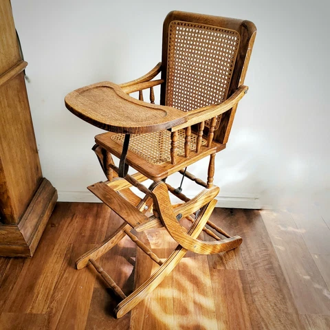 Antique Vintage Solid Wood Mechanical Convertible High Chair/Rocker Woven Cane Cover
