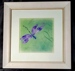 Dragonfly Wall Art in Square Frame w/ word Beaute & Postmark Designs 14.5" Sq - Picture 1 of 3
