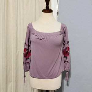 American Eagle Outfitters Off The Shoulder Embroidered Floral Long Sleeve Top M - Picture 1 of 12