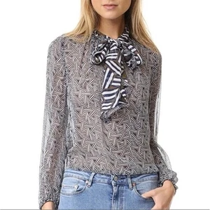 Diane von Furstenberg 100 % Seide transparent gestreift Tie Neck Pullover Bluse Größe 2 - Bild 1 von 14