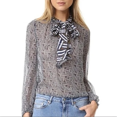 Blusa Pullover Diane Von Furstenberg 100% Seda Transparente Rayas Cuello Atado Talla 2 Foto 1 de 4