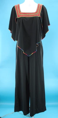 Vtg Women's 70s Black Rainbow Trim Handkerchief Top Jumpsuit S/M 1970s Polyester - Image 1 of 4