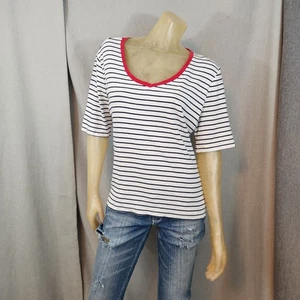 Tommy Hilfiger White Blue Striped Red V Neck Short Sleeve Blouse Top Shirt LARGE - Picture 1 of 6