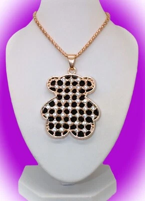 Betsey Johnson Rose Gold & Black Cookie Cut-Out Bear w/Sparkly Crystals Necklace - Image 1 of 4