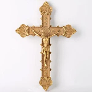 BC Catholic Crucifix Wall Cross, Jesus Christ Religious 12 inches H, Gold  - Picture 1 of 7