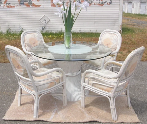 Vintage McGuire Style Sheaf of Wheat Dining Table Bamboo Rattan w Glass  4 Chair Cover
