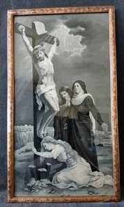 VINTAGE ANTIQUE FRAMED WOVEN SILK PAINTING STEVENGRAPH STYLE CRUXIFICTION - Picture 1 of 8