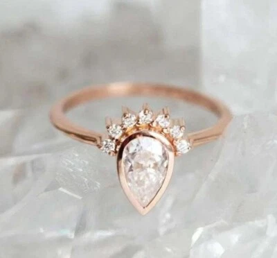 Bezel Pear Shape 18K Plated Rose Gold Handmade Moissanite Engagement Ring - Image 1 of 4