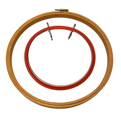 Lot Of 2 Cross Stitch Embroidery Hoops Red Plastic Tension Metal & Wood Taiwan  - Image 1 of 4