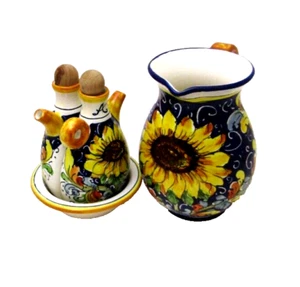 BP Fatto A Mano Oil Vinegar Cruet Set with Tray Pitcher Sunflower Italy - Imagen 1 de 14