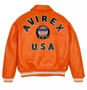 Men's Avirex Orange Bomber American Flight Real Sheep Skin Leather Jacket - Picture 1 of 3