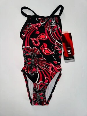 TYR Girls Youth 24 RED Black One Piece Swimsuit Durafast DIAMONDBACK New - Image 1 of 4