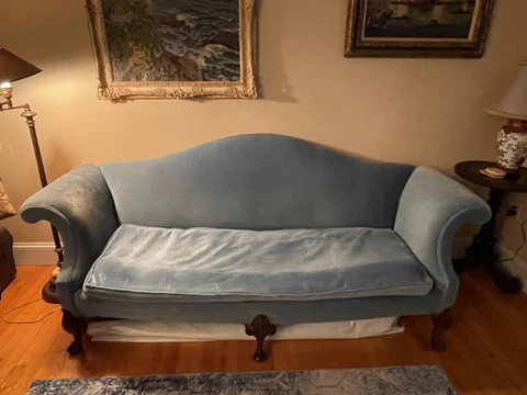 antique couch clawed feet blue cloth Cover