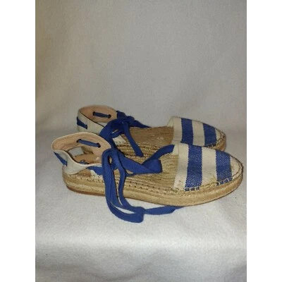 女士华丽蓝色条纹帆布帆布鞋踝花边凉鞋 8.5 码 — 第 1/4 张图片