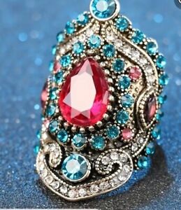 6ct Pear Cut Red Ruby & Topaz & CZ Women's Cocktail Ring 925 Sterling Silver