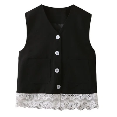 Womens Lace Splicing Vest Button Waistcoat Cardigan Top Black Office Fashion New - Image 1 of 4