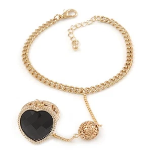Gold Plated Oval Link Chain Bracelet With Black Acrylic Heart Flex Ring - Picture 1 of 4
