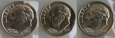 1996 P D + W Roosevelt Dime 3 Coins from US Mint Set BU Cellos THREE Ten Cents - Image 1 of 3