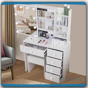White Dressing Table With Makeup Mirror & LED Bulbs 6 Drawers Stool Vanity Desk - Picture 1 of 13