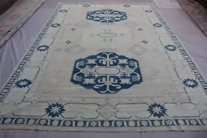 ๐ฅ 8x11 Inspired Handmade Wool Rug โ Elegant Ivory & Indigo Geometric Design ๐ฅ - Picture 1 of 11