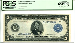 FR 857 1914 $5 FED RESERVE BANK NOTE CLEVELAND 65 PPQ GEM NEW ***FINEST KNOWN*** - Picture 1 of 2
