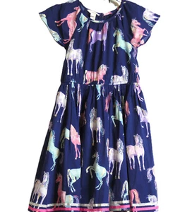 Navy Blue Dress Childs 9 Yrs Unicorns Fabled Magic Horses Equestrian Lightweight - Picture 1 of 7