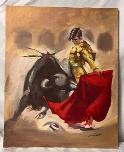 Öl auf Leinwand Stierkampf Stierkämpfer und Stier intensive figurative Szene Gemälde signiert 50x40 - Bild 1 von 4