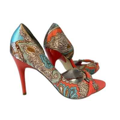 Vibrant Paisley Peep-Toe Heels by Carlos Santana"Miracle" D'Orsay Pump Size 8.5 - Image 1 of 4