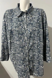 Rebecca Malone Women 2X Top Blouse Button Down Blue Paisley No Iron - Picture 1 of 6