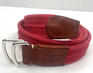 Johnnie-O Belt Mens Large Red Cotton Woven Web Leather Trim Surfer D-Ring Italy - Picture 1 of 11