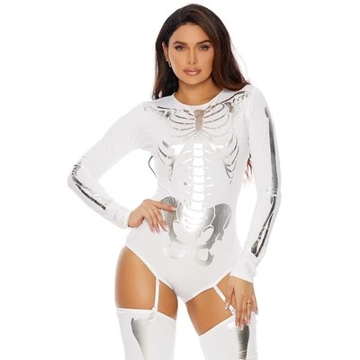 White Skeleton Costume Silver Bones Bodysuit Garters Stockings 554649 L/XL - Image 1 of 4