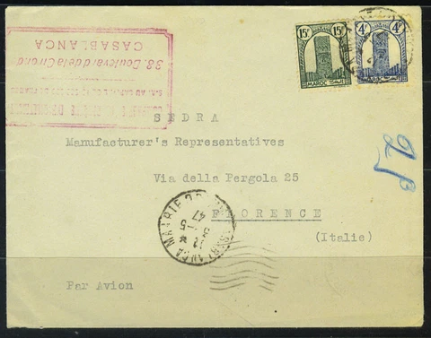 MOROCCO-FRANCE 1947 CASABLANCA AIRMAIL COVER TO FLORENC Cover