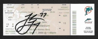 Boleto completo firmado por Jake Long autógrafo debut NFL talón Dolphins vs. Jets 9/7/2008 Foto 1 de 2