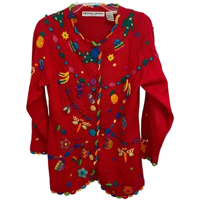 Cárdigan Suéter Michael Simon Vintage Rojo Cuentas Bordado Talla Pequeña Foto 1 de 4