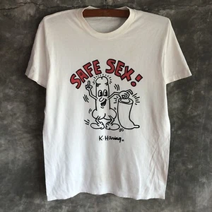 Free Shipping!! Vintage T Shirt Safe Sex By Keith Haring Pop Art Rare 90s Size L - Picture 1 of 10