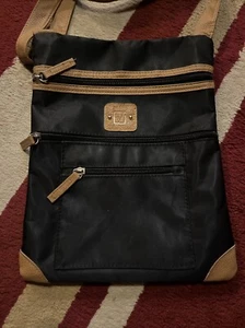 Stone Mountain Black w/ Tan Trim Shoulder Handbag Nylon Crossbody RN 125045 - Picture 1 of 3