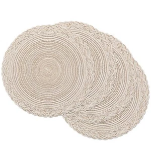 Round Placemats Set of 4 Boho Braided Border 15 inch Circle Place Mats Washab... - Picture 1 of 9