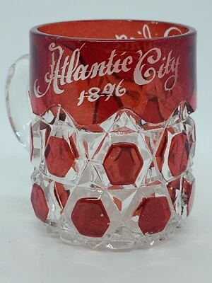 Antique 1896 ATLANTIC CITY Souvenir Ruby Stain Red EAPG Glass Victorian Mug Cup - Image 1 of 4