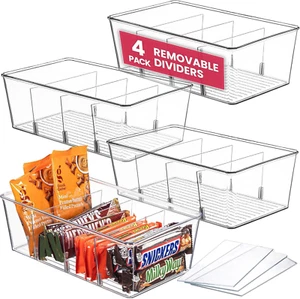 4 Pack Clear Pantry Organizer Bins Fridge Storage 3 Dividers Kitchen & Freezer - Picture 1 of 11