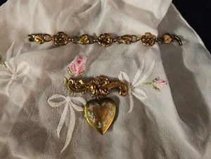 Pulsera y broche medallón corazón vintage Art Nouveau floral y hoja - Imagen 1 de 10