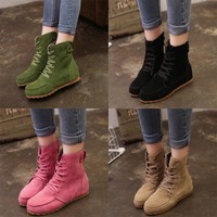 Women Flat Ankle Motorcycle Boots Female Suede Leather Lace-Up Martin Snow Boots