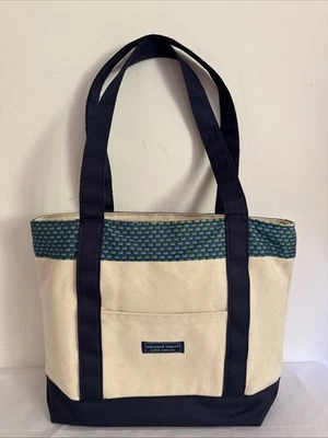 Vineyard Vines Custom Collection Canvas Tote Green Grass Blue Band Gingham MED - Image 1 of 4